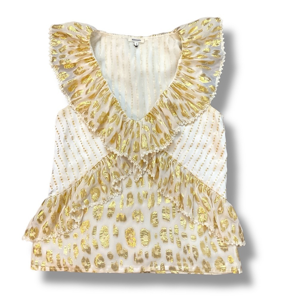 Manoush Cream Gold Thread Multi Print Ruffle Neckline Silk Blouse Size 34